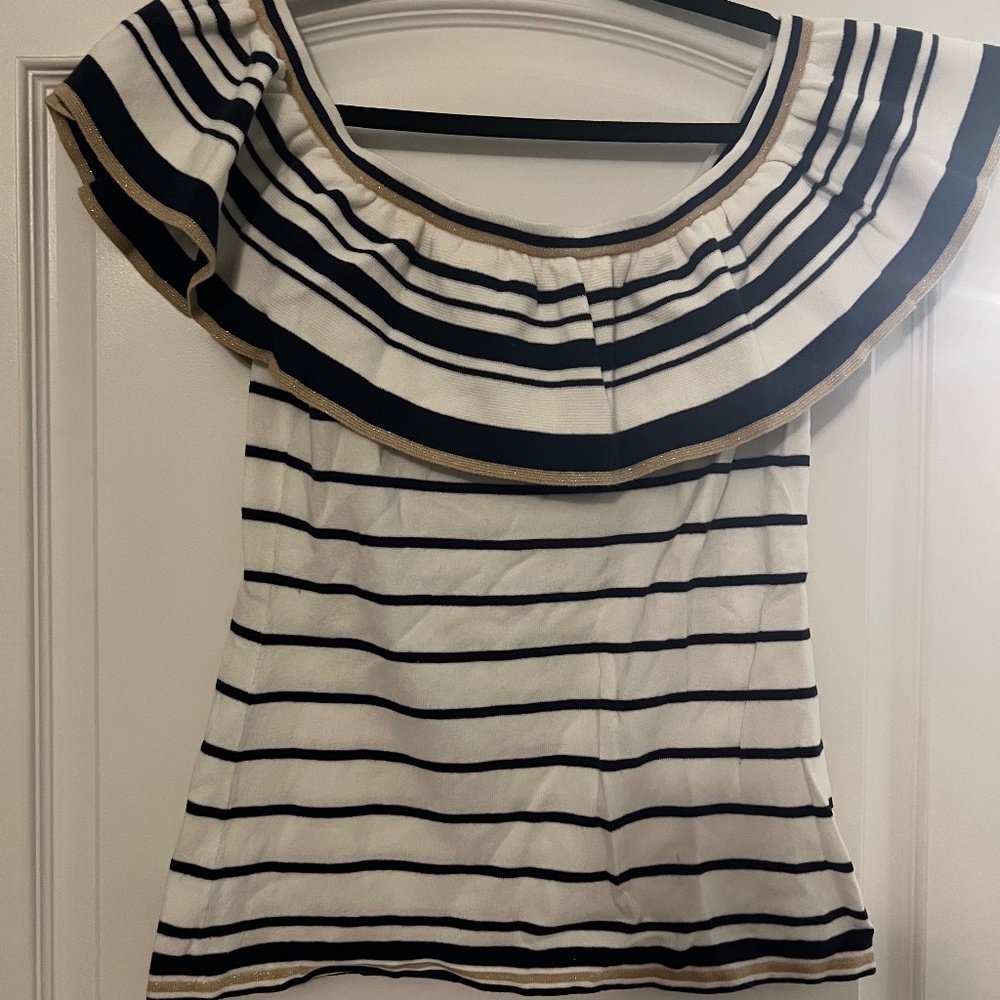 Lilly Pulitzer navy and white striped off the shoulder top